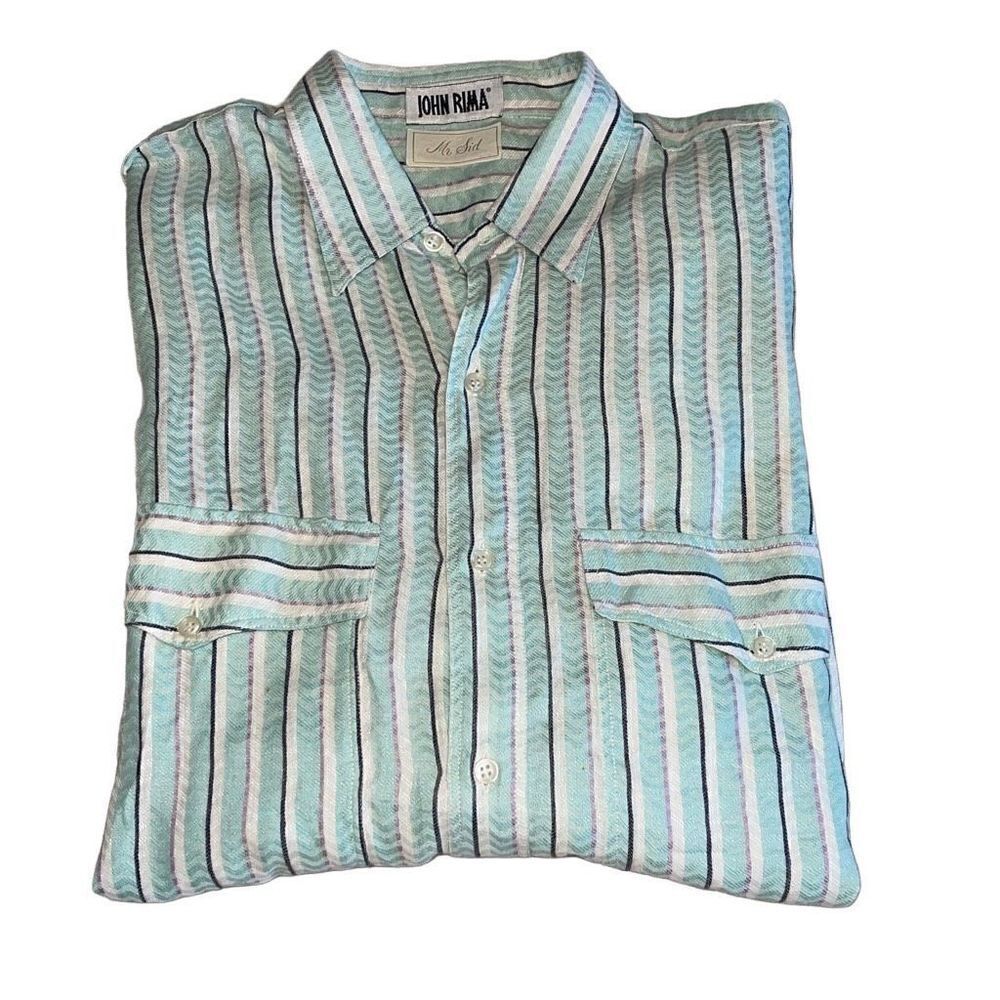 Mr Sid John Rima Vintage Mens Button‎ Down Shirt Long Sleeve Striped Linen Green